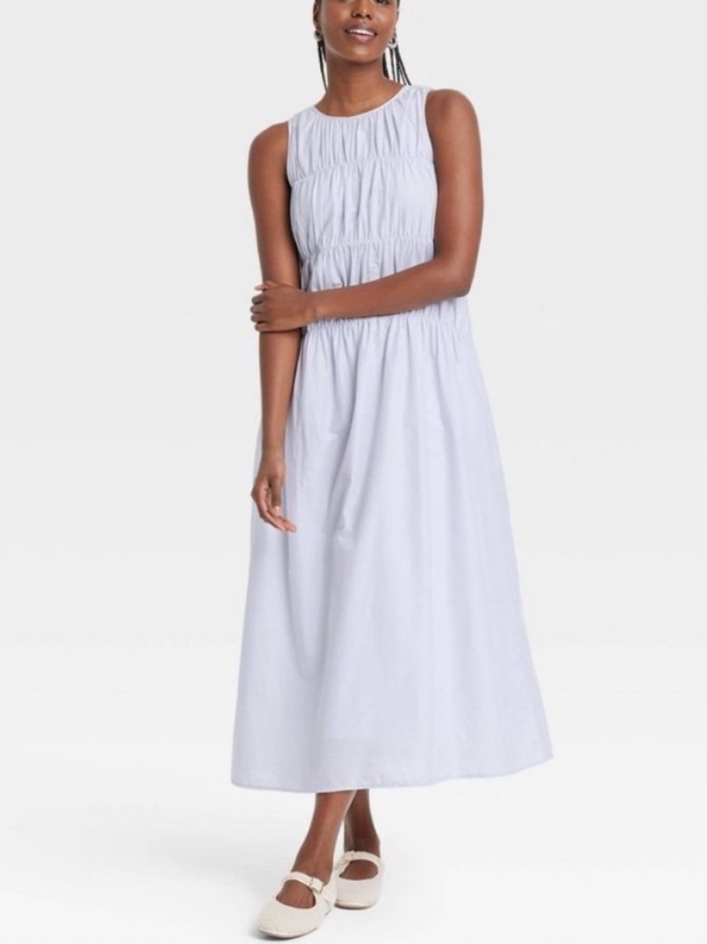 Sundress Dress Universal Thread L Blue Tiered Scoop Neck Sleeveless Cotton